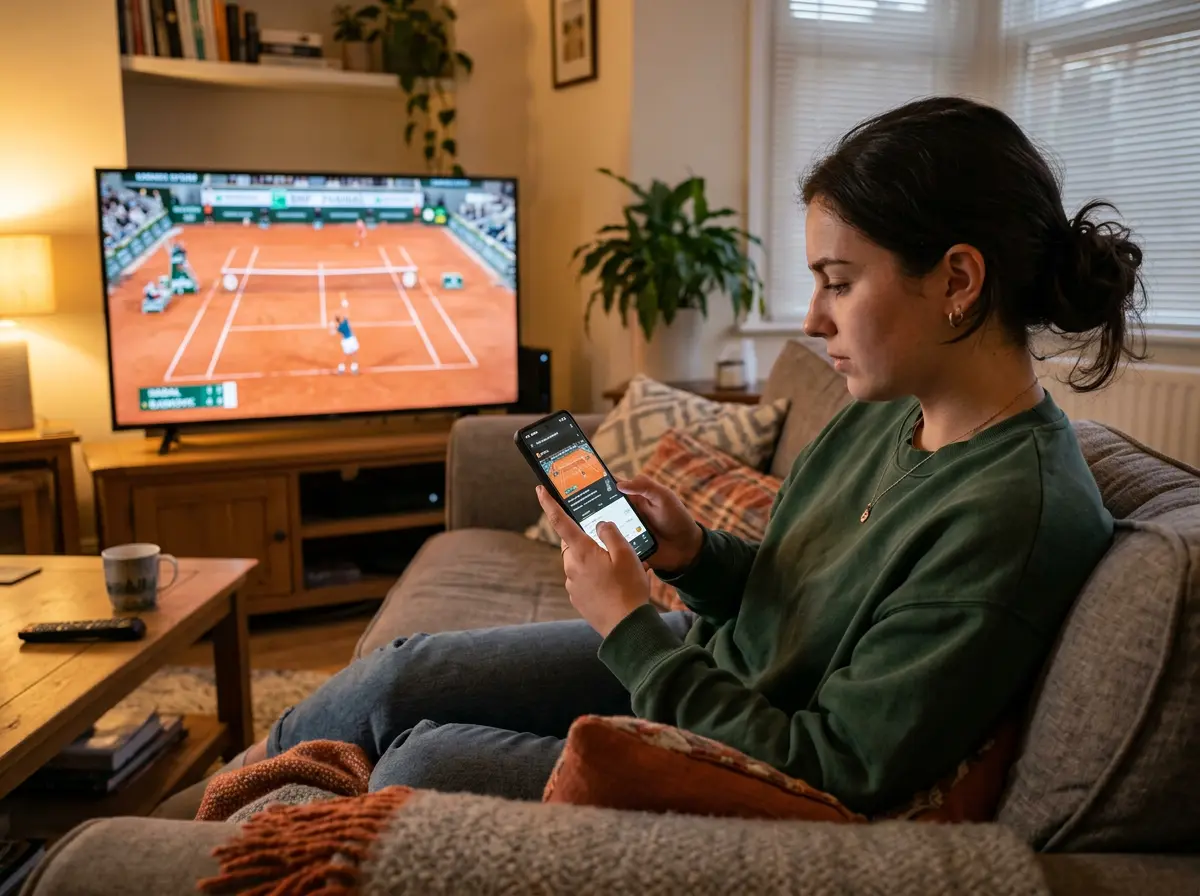 Persona joven mirando un smartphone con una aplicación de apuestas de tenis mientras ve un partido en televisión