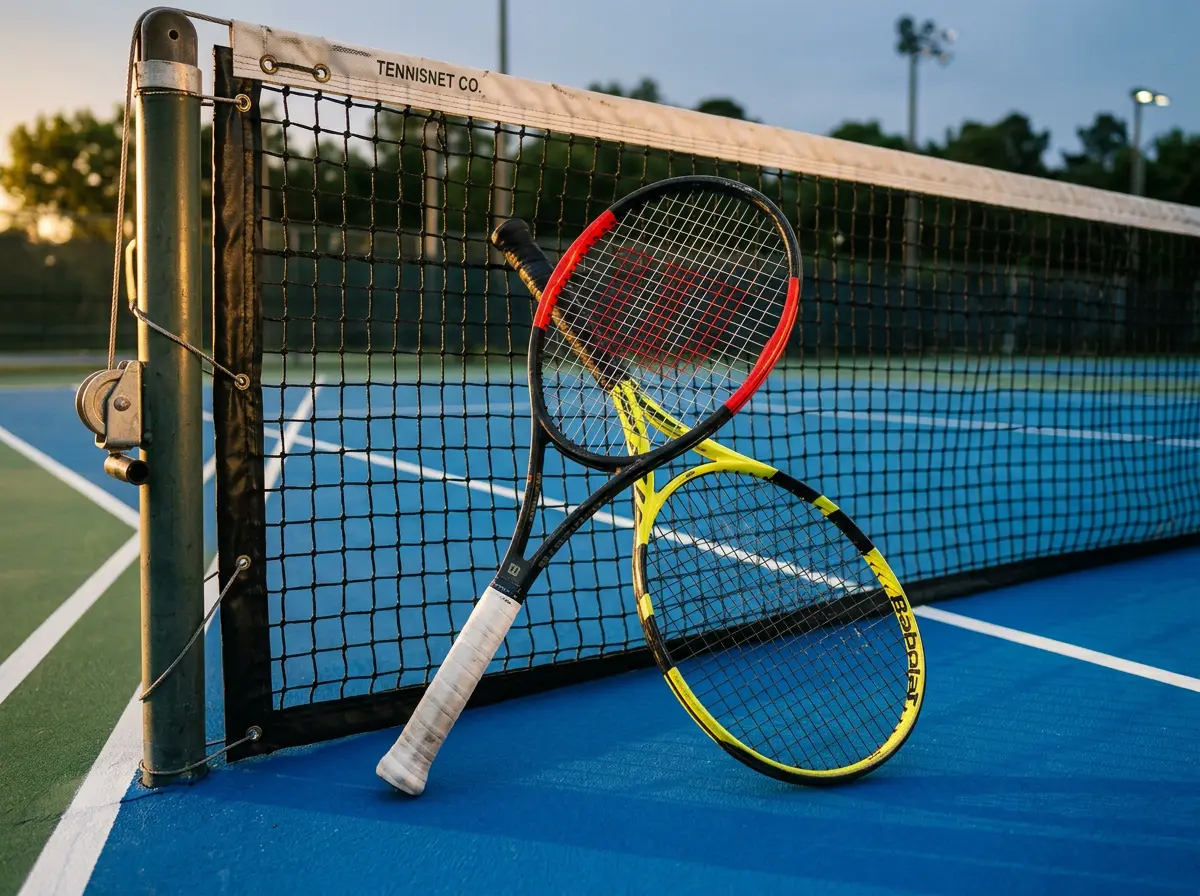 Dos raquetas de tenis profesionales cruzadas sobre una red de tenis en una pista dura