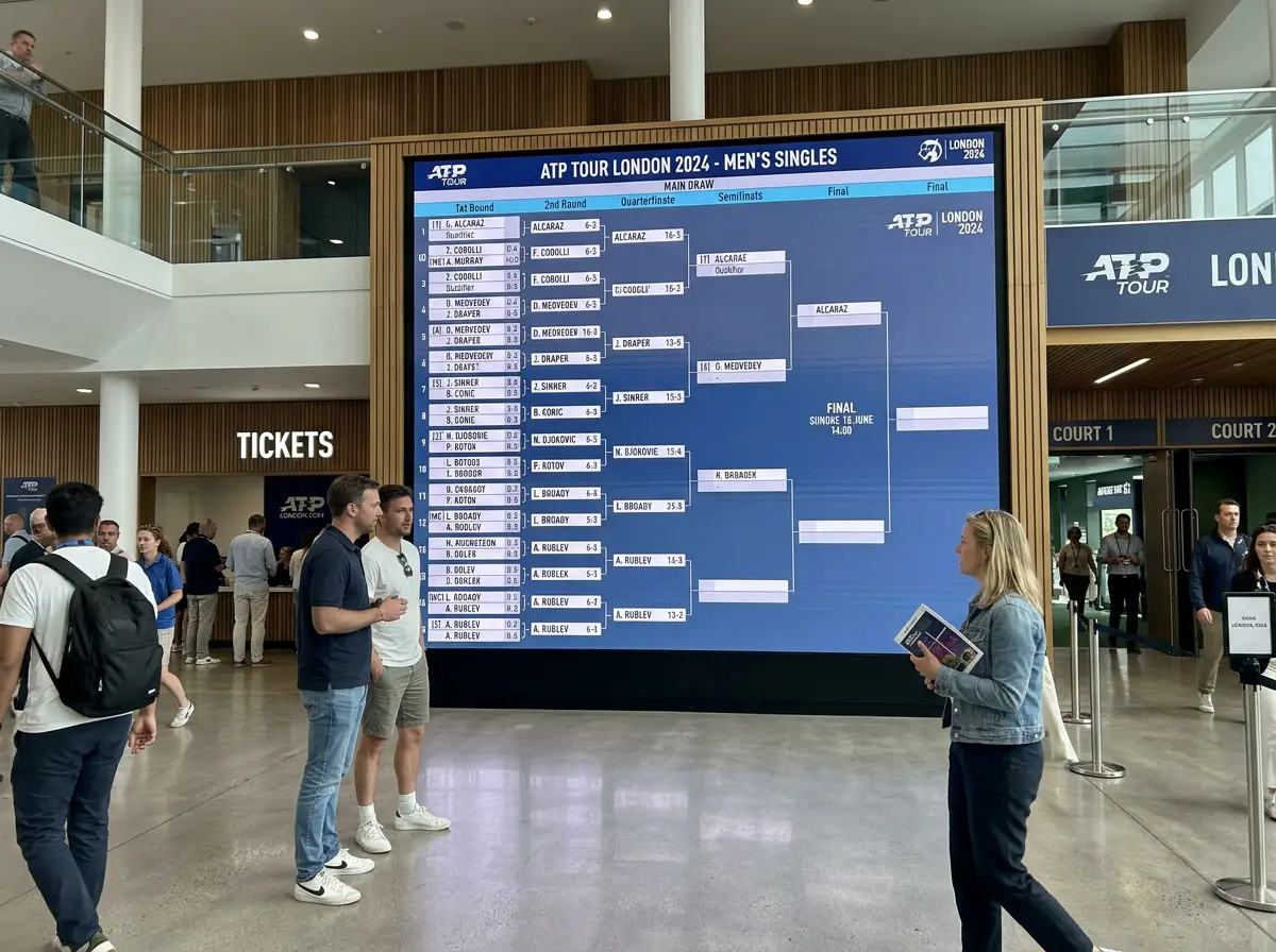 Cuadro de sorteo de un torneo de tenis ATP colgado en una pared del estadio