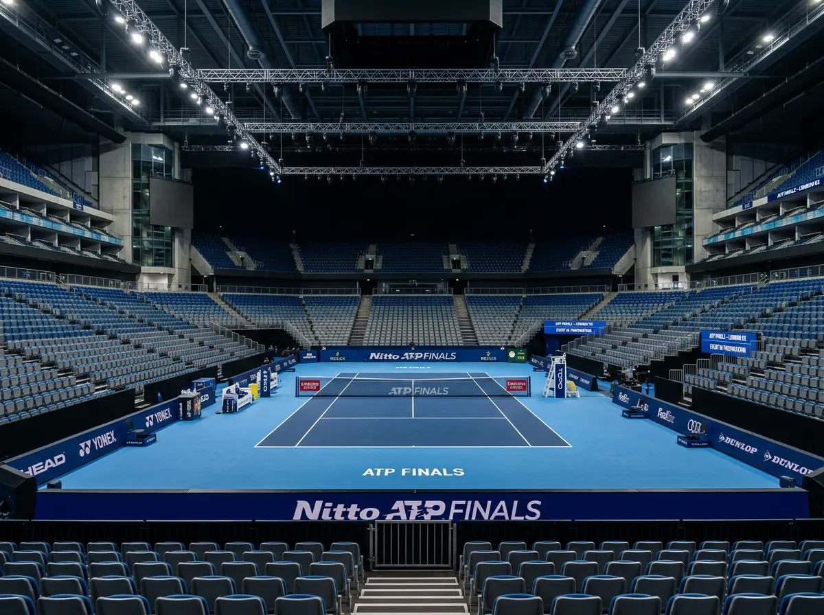 Interior de un estadio cubierto de tenis preparado para las ATP Finals con pista iluminada