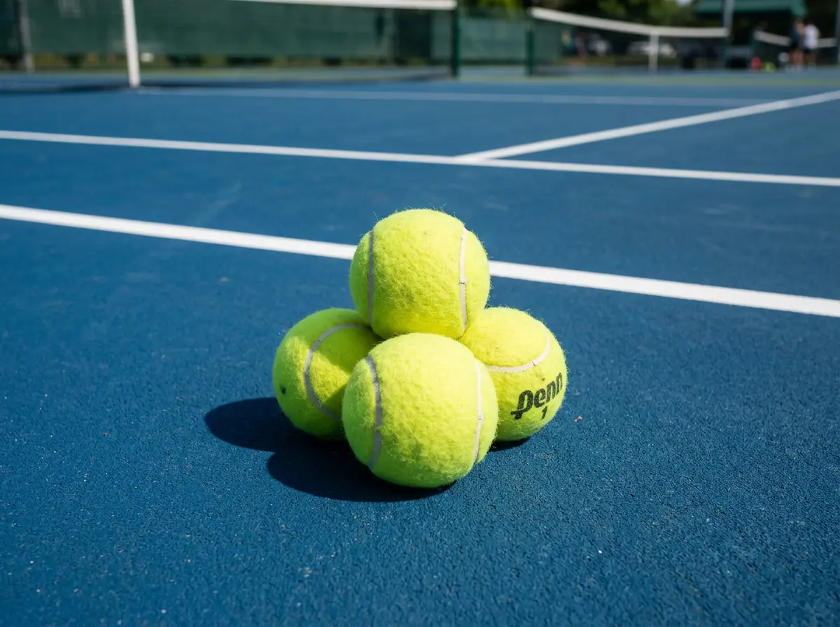 Varias pelotas de tenis apiladas formando una pirámide sobre una pista de tenis profesional