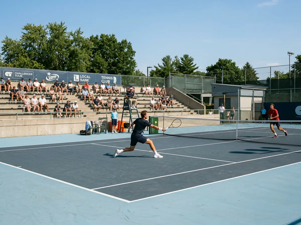 Pista de tenis de un torneo Challenger con gradas pequeñas y pocos espectadores durante un partido