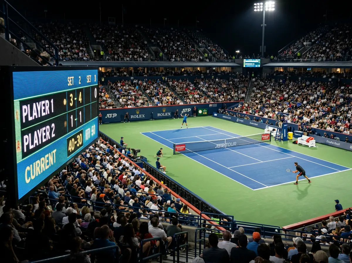Partido de tenis ATP en vivo con marcador electrónico y público en las gradas