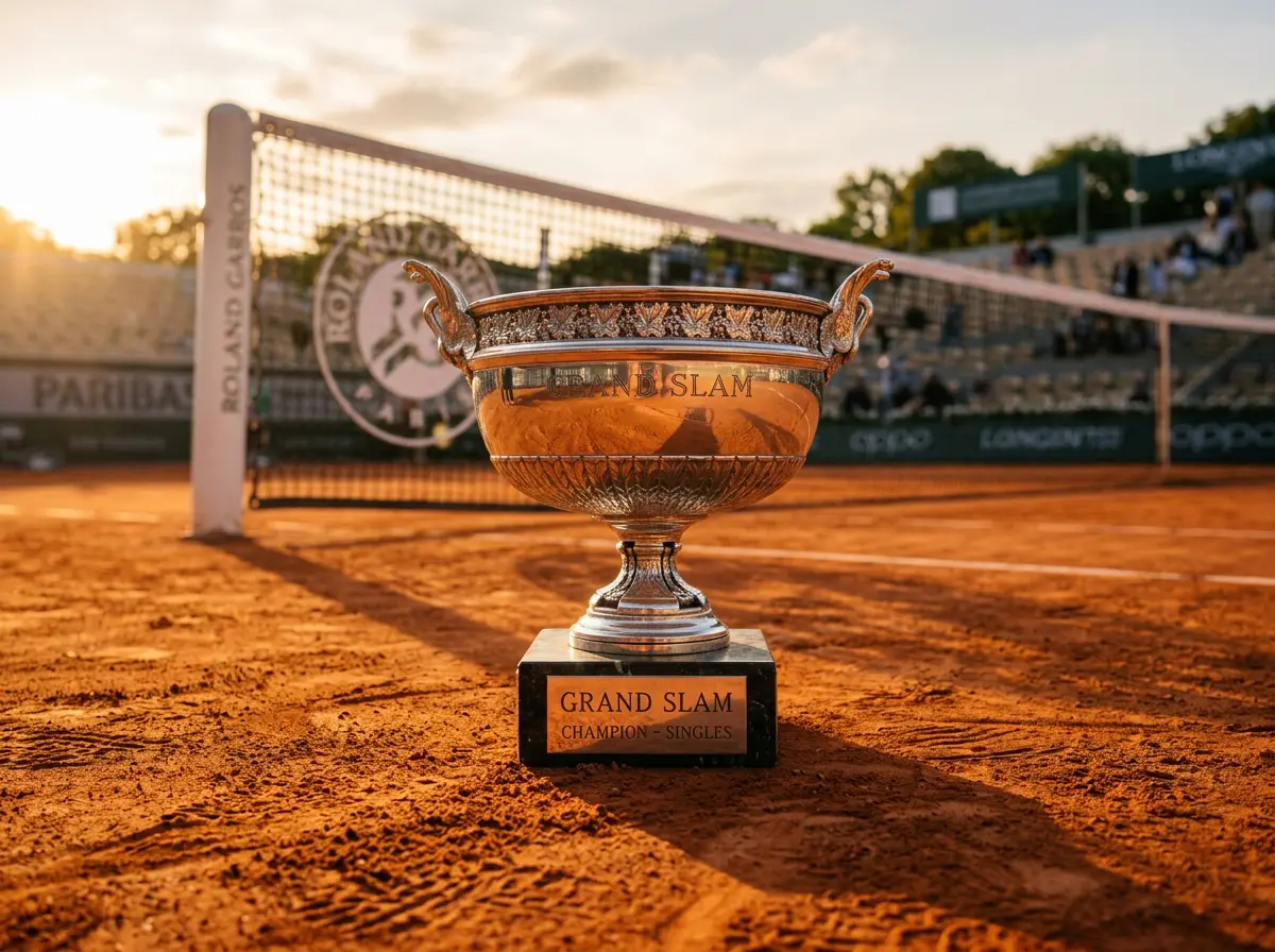 Trofeo de Grand Slam de tenis sobre una superficie de tierra batida con red de tenis al fondo