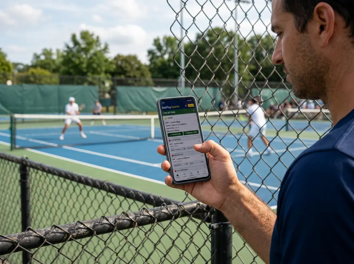 Mano sosteniendo un smartphone con una aplicación de apuestas de tenis junto a una pista de tenis