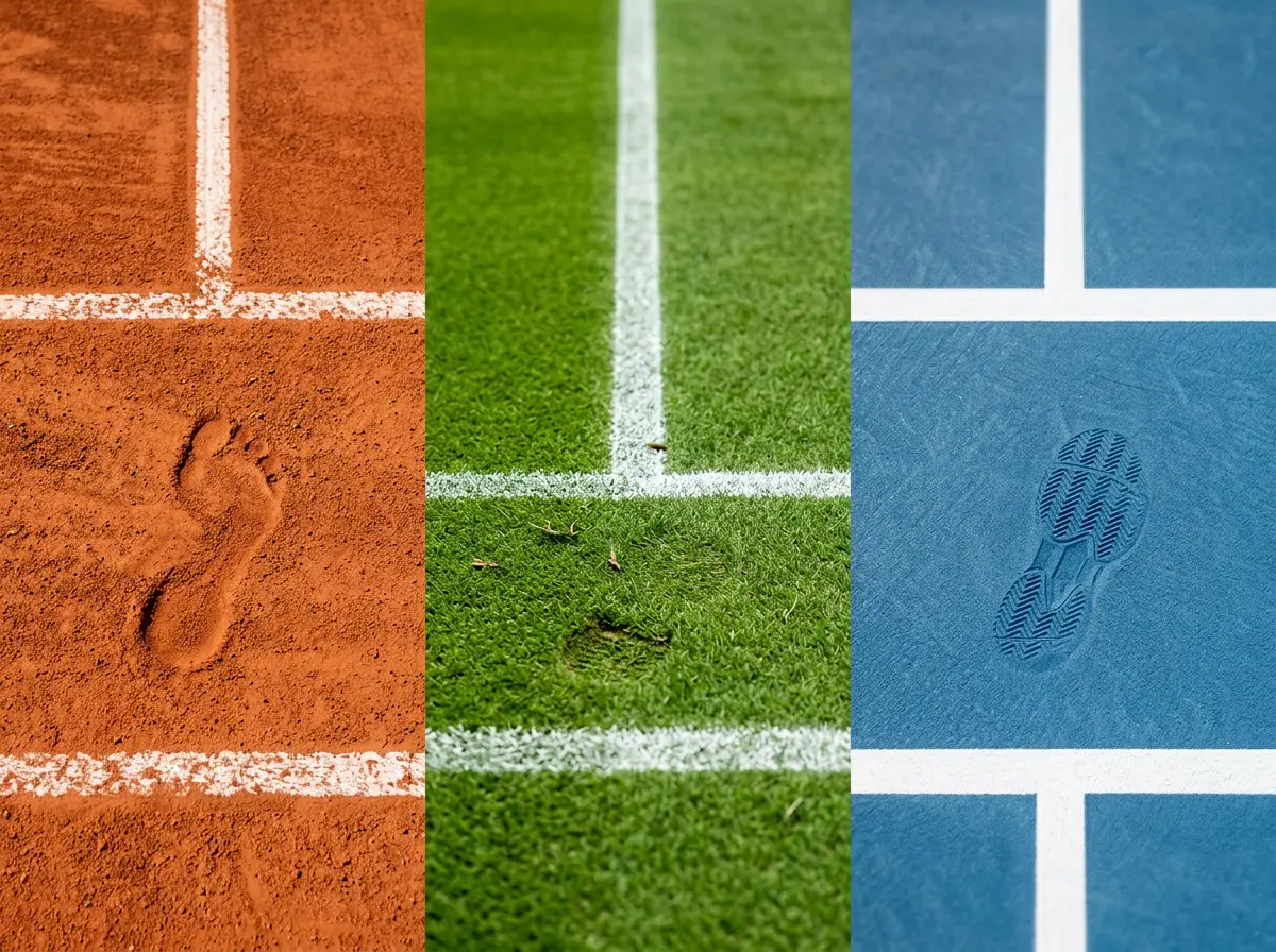 Tres superficies de tenis ATP: tierra batida, hierba y pista dura en primer plano