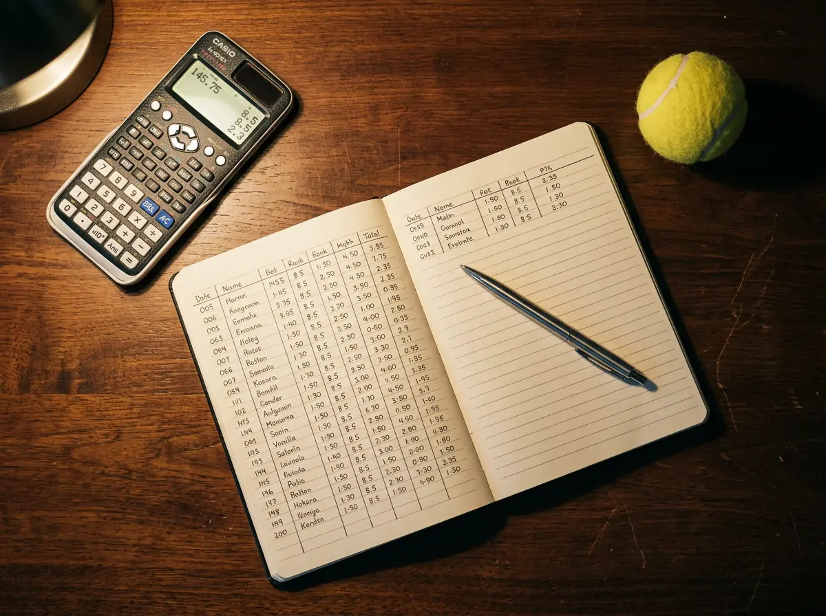 Cuaderno de registro de apuestas de tenis con bolígrafo y calculadora sobre escritorio