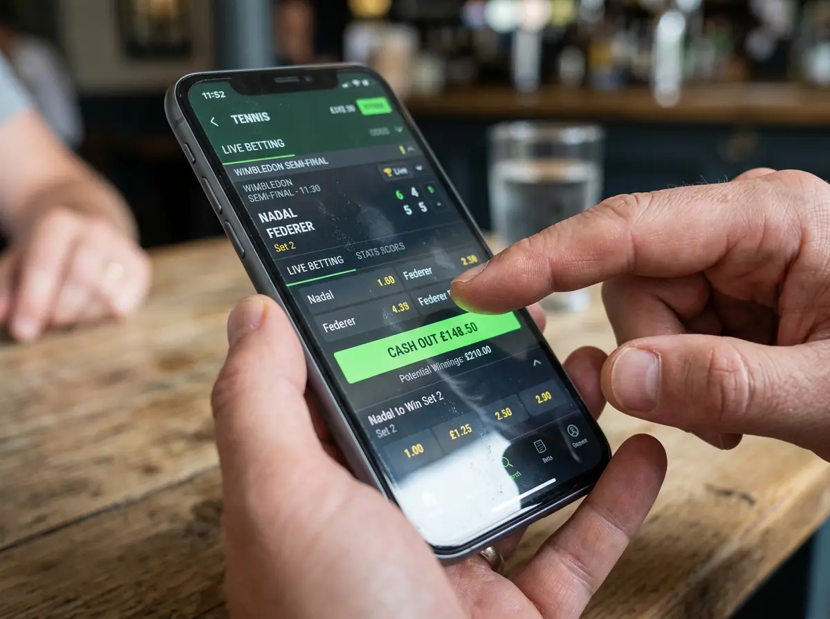 Dedo pulsando un botón verde en la pantalla de un smartphone con una aplicación de apuestas de tenis