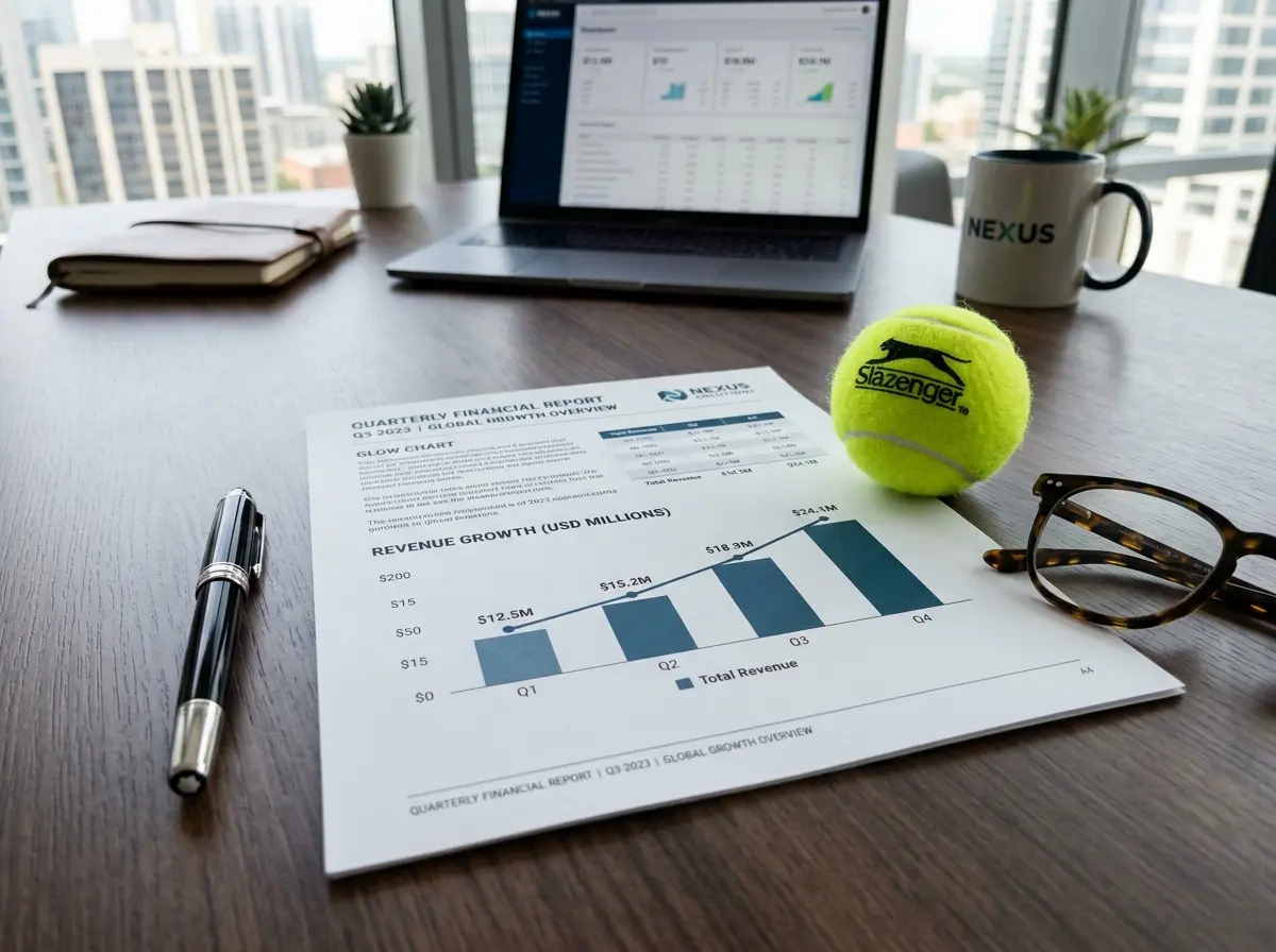 Gráfico de crecimiento ascendente junto a una pelota de tenis sobre un escritorio profesional