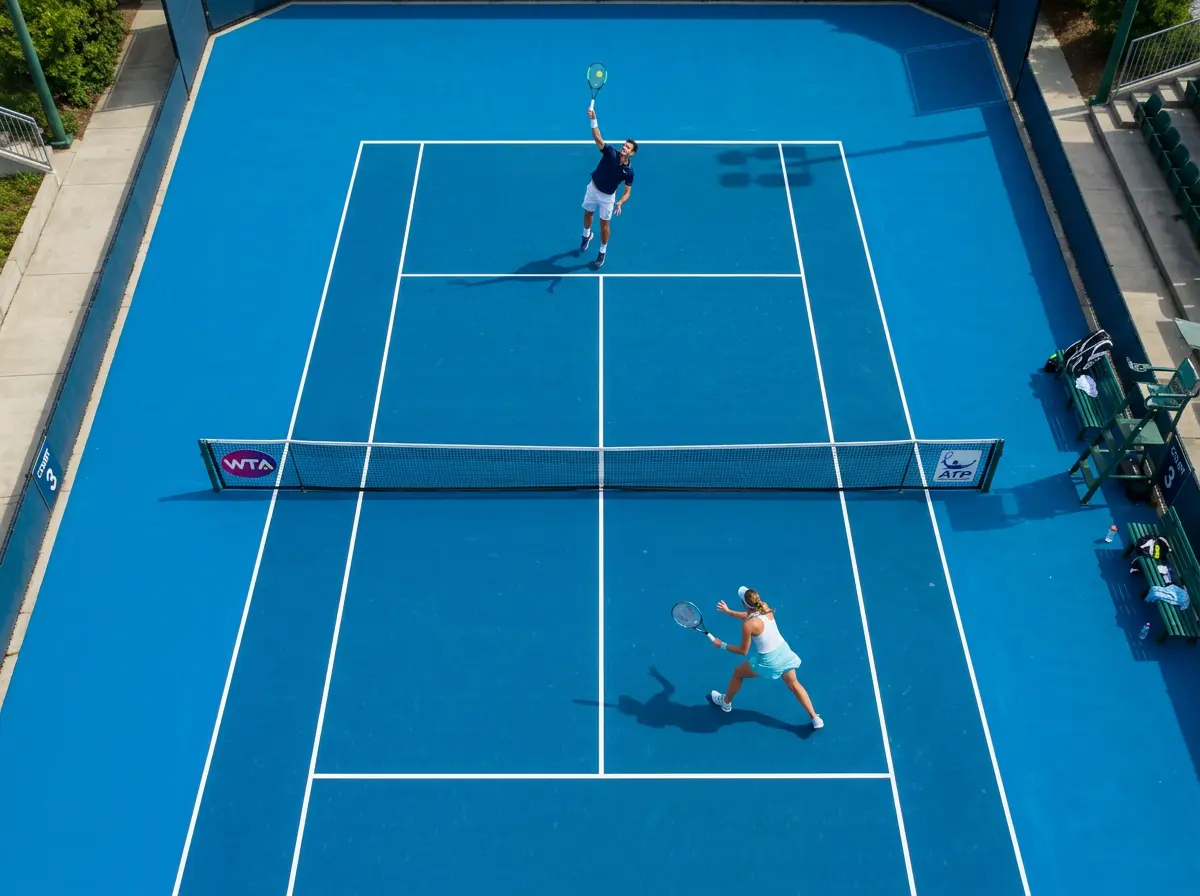 Pista de tenis dividida visualmente en dos mitades mostrando un partido masculino y uno femenino en paralelo
