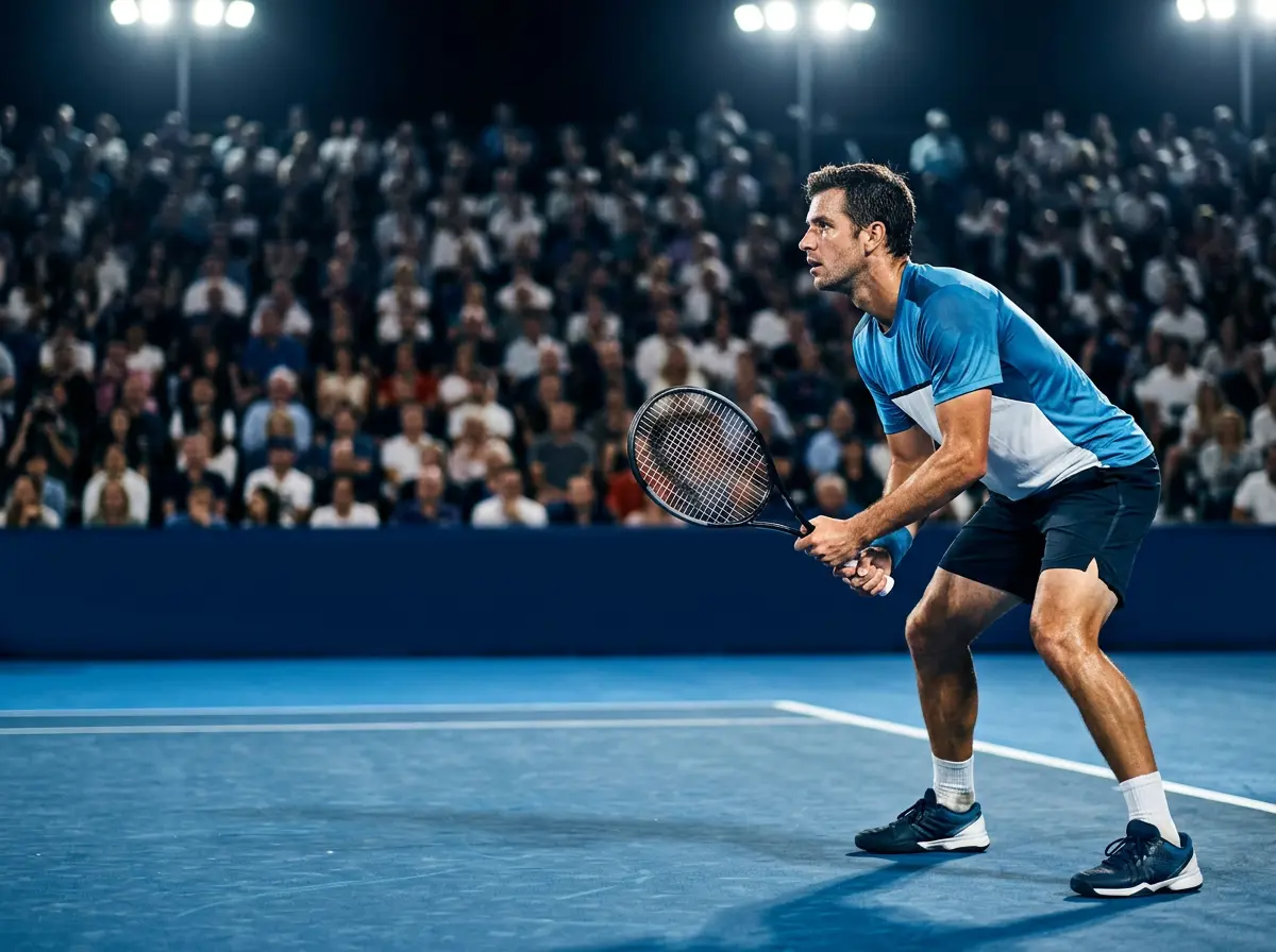 Jugador de tenis ATP analizando estrategia en pista dura durante un partido profesional