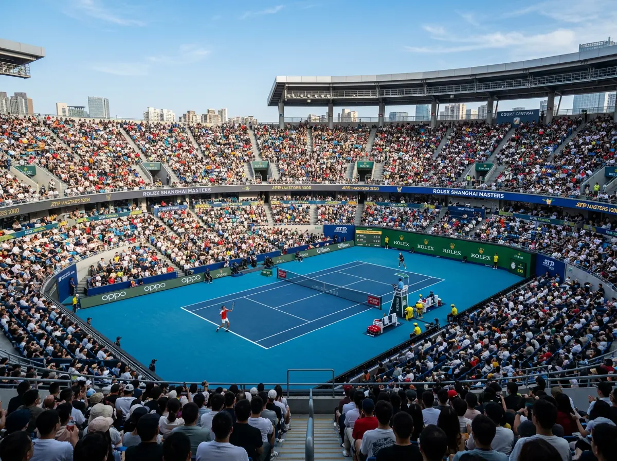 Vista panorámica de un estadio de tenis Masters 1000 con las gradas llenas de espectadores