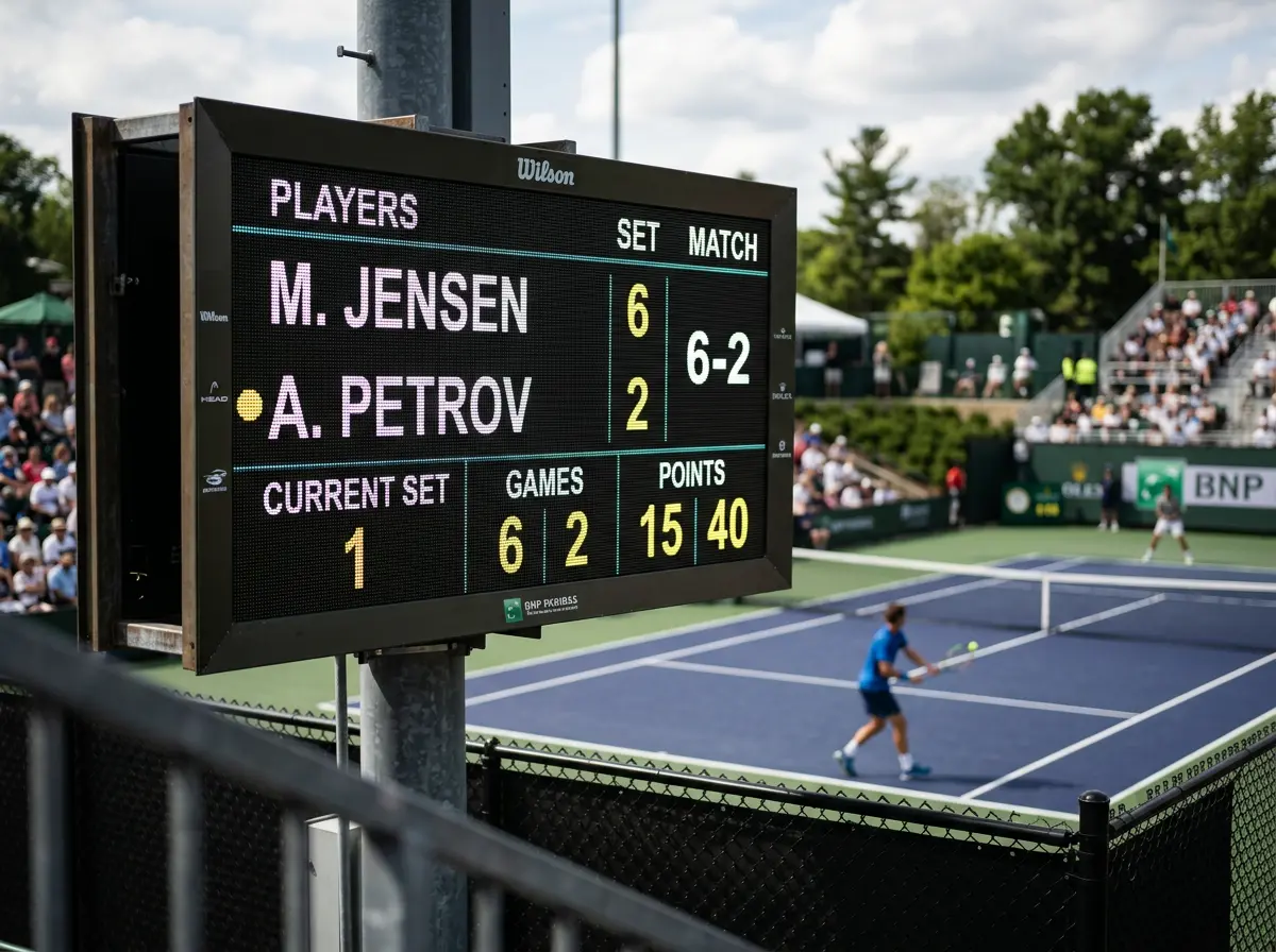 Marcador electrónico de tenis mostrando un resultado desigual entre dos jugadores en un partido ATP