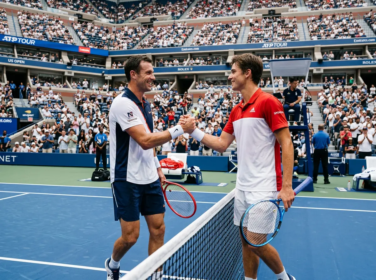 Dos tenistas profesionales saludándose en la red después de un partido de tenis ATP