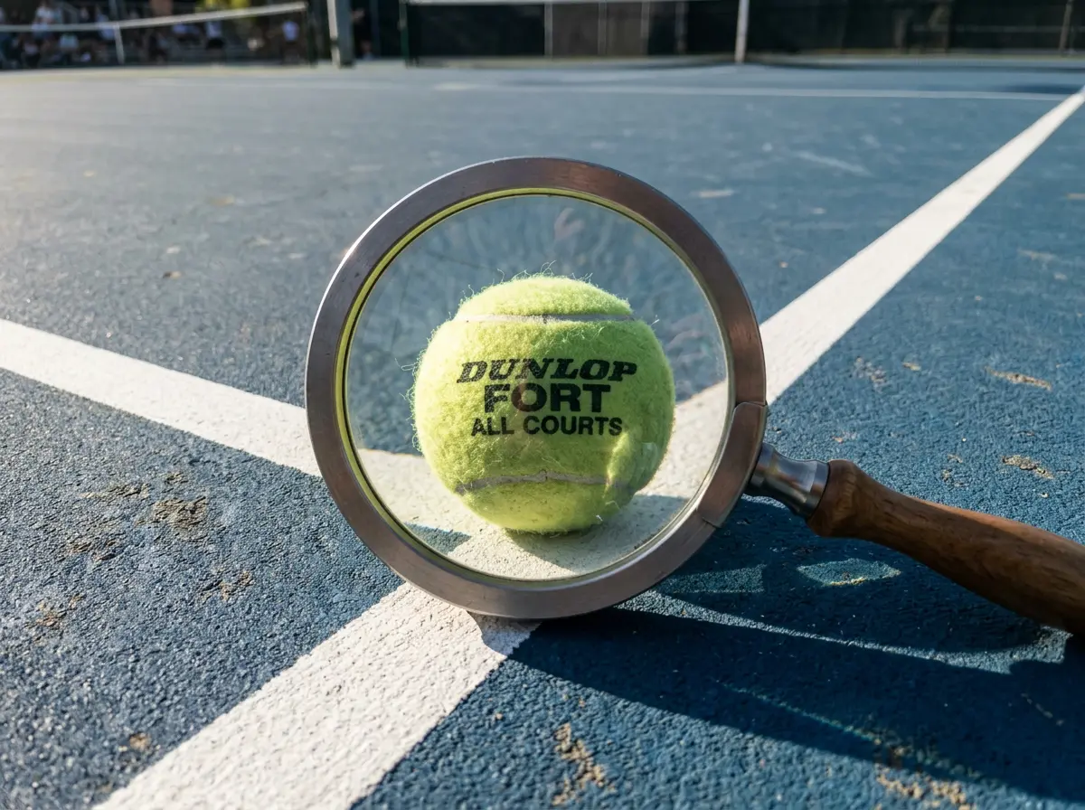 Pelota de tenis sobre una pista con una lupa superpuesta simbolizando investigación de integridad