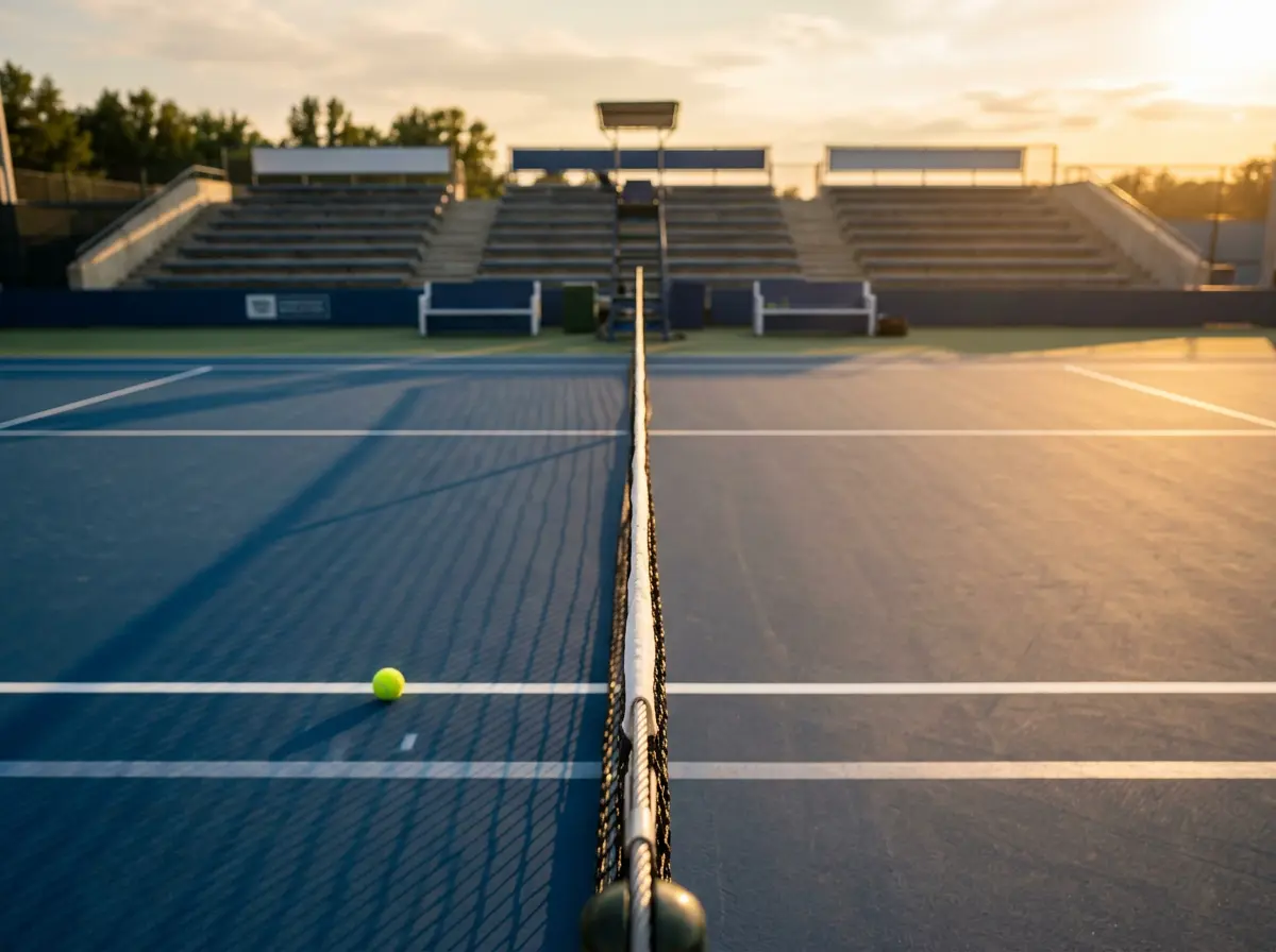 Pista de tenis ATP con red y líneas de juego vista desde la grada central