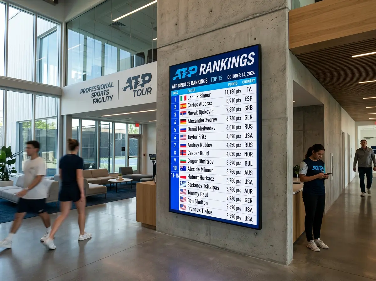 Pantalla mostrando la clasificación oficial del ranking ATP con los nombres de los mejores tenistas