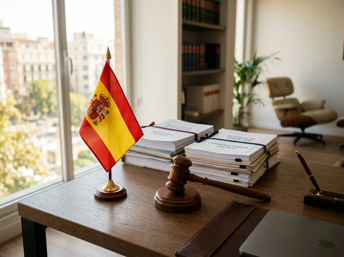 Bandera de España junto a un mazo de juez y documentos legales sobre un escritorio de oficina