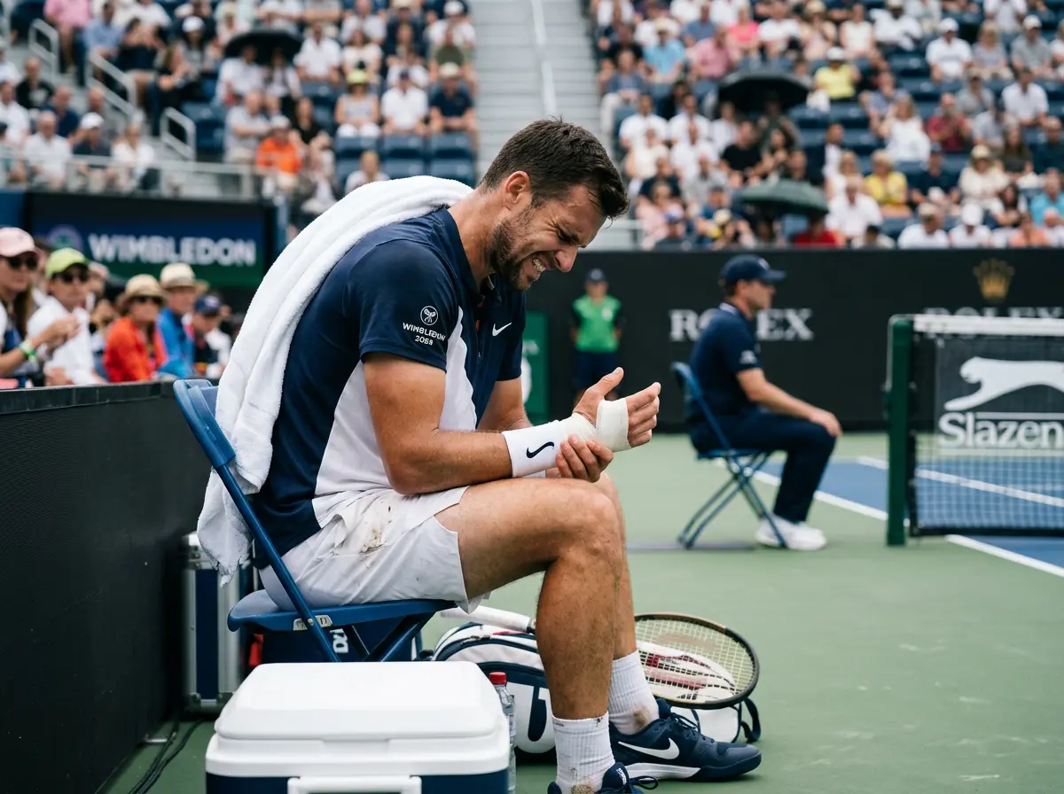 Tenista profesional sentado en la silla de la pista tocándose la muñeca con expresión de dolor durante un partido
