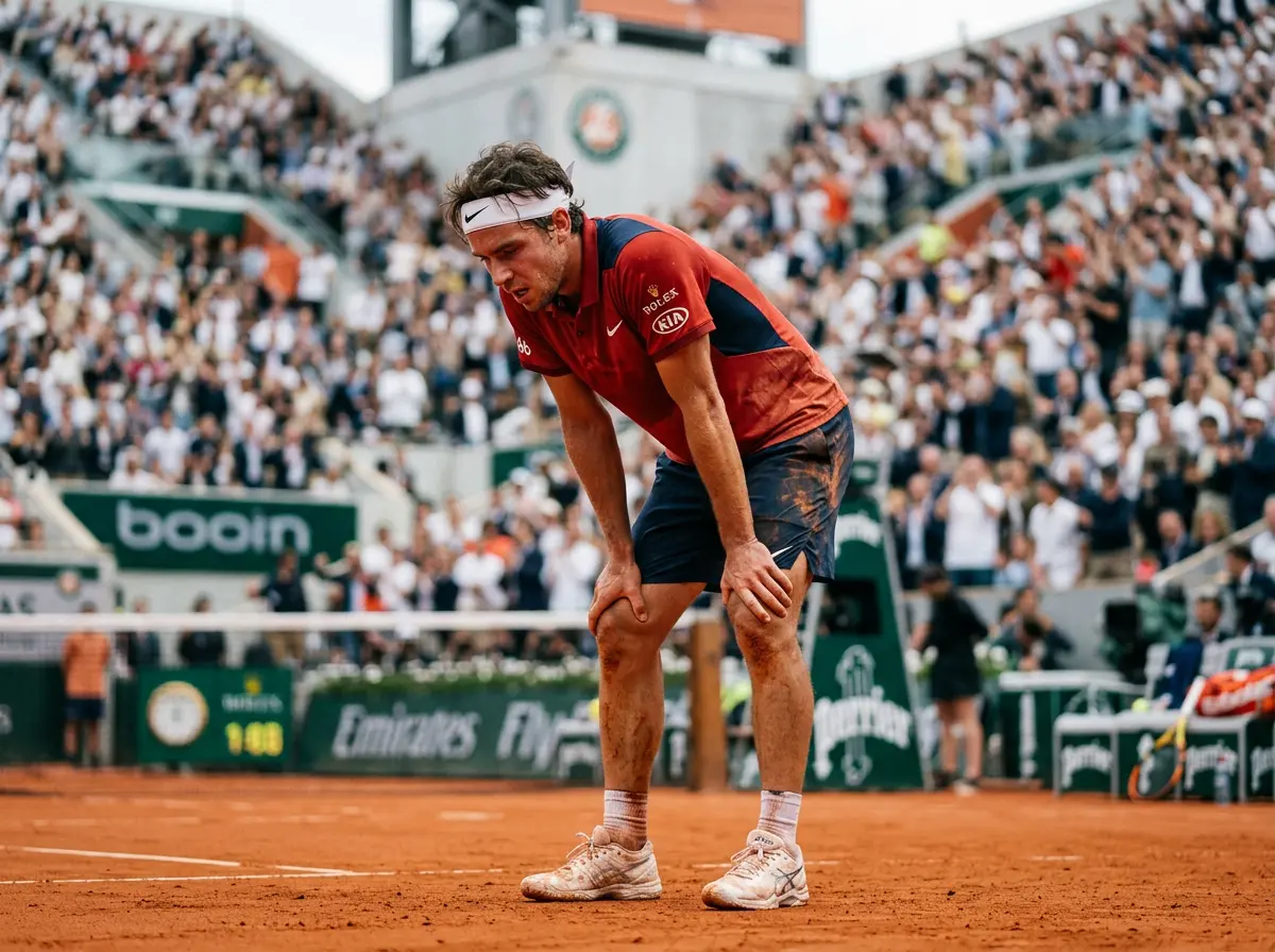 Tenista agotado apoyado en sus rodillas durante un partido largo de cinco sets en un Grand Slam