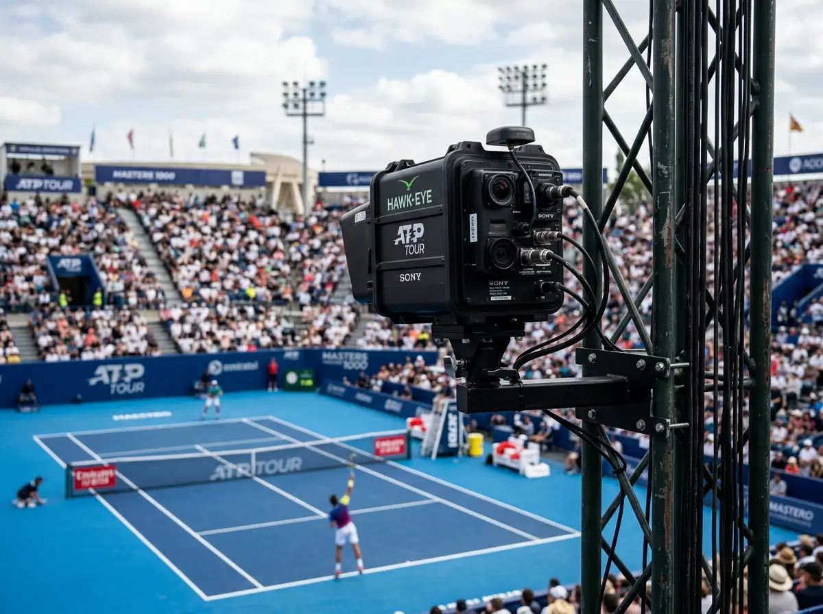 Cámara Hawk-Eye instalada en una pista de tenis profesional durante un torneo ATP