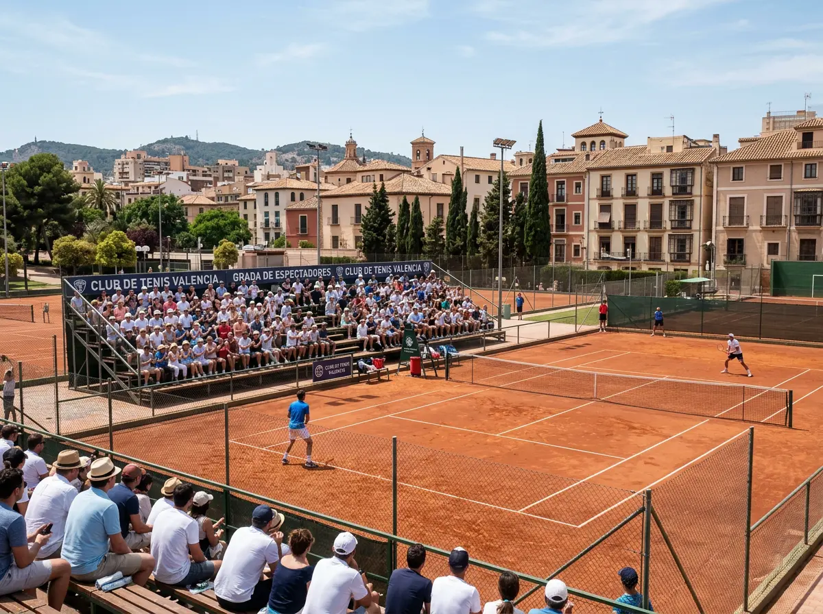 Pista de tenis al aire libre en una ciudad española con espectadores animando durante un partido