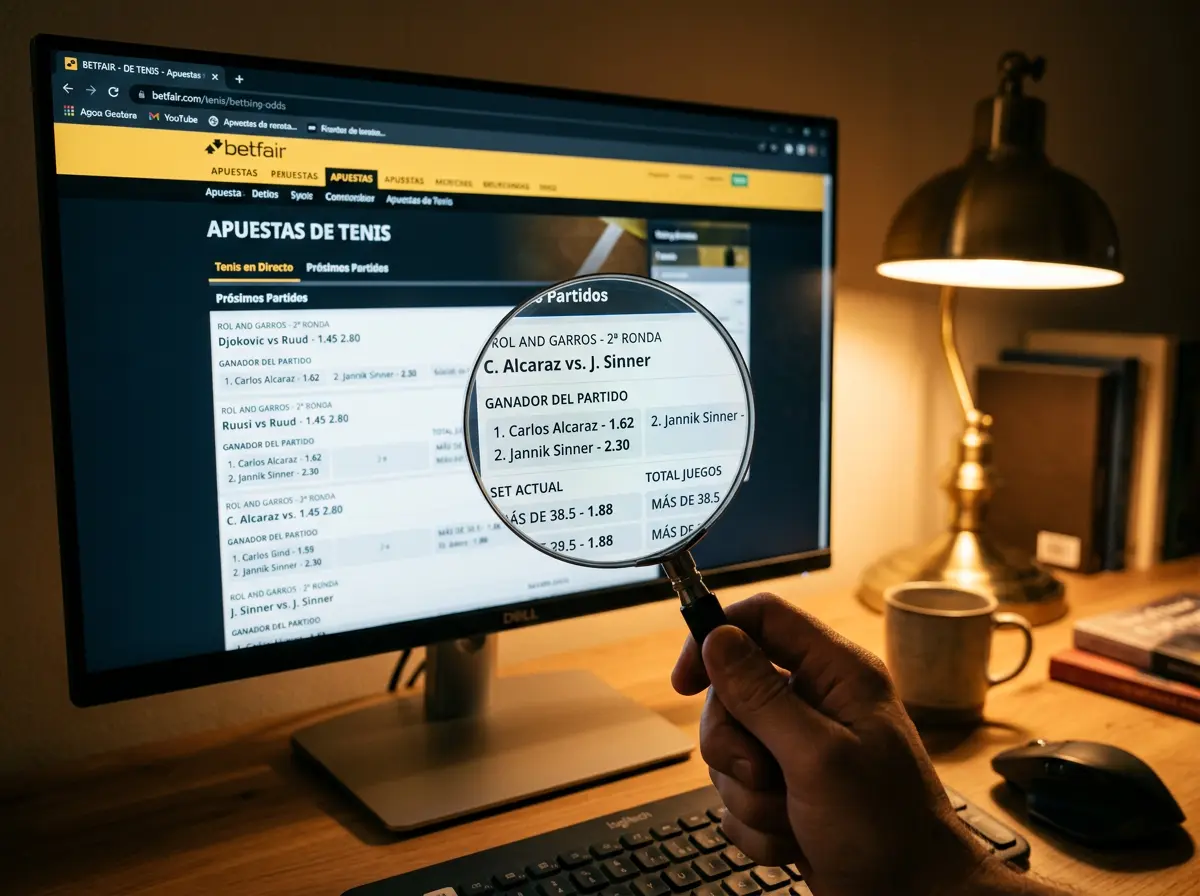 Lupa enfocando una línea de cuotas de apuestas de tenis en una pantalla de ordenador
